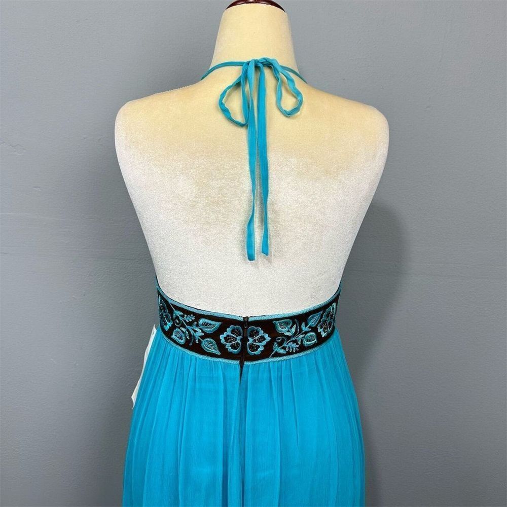 Jovani Dolce Embroidered Maxi Dress Blue‎ Size 10 Silk Halter Plunge V Backless - Picture 8 of 16